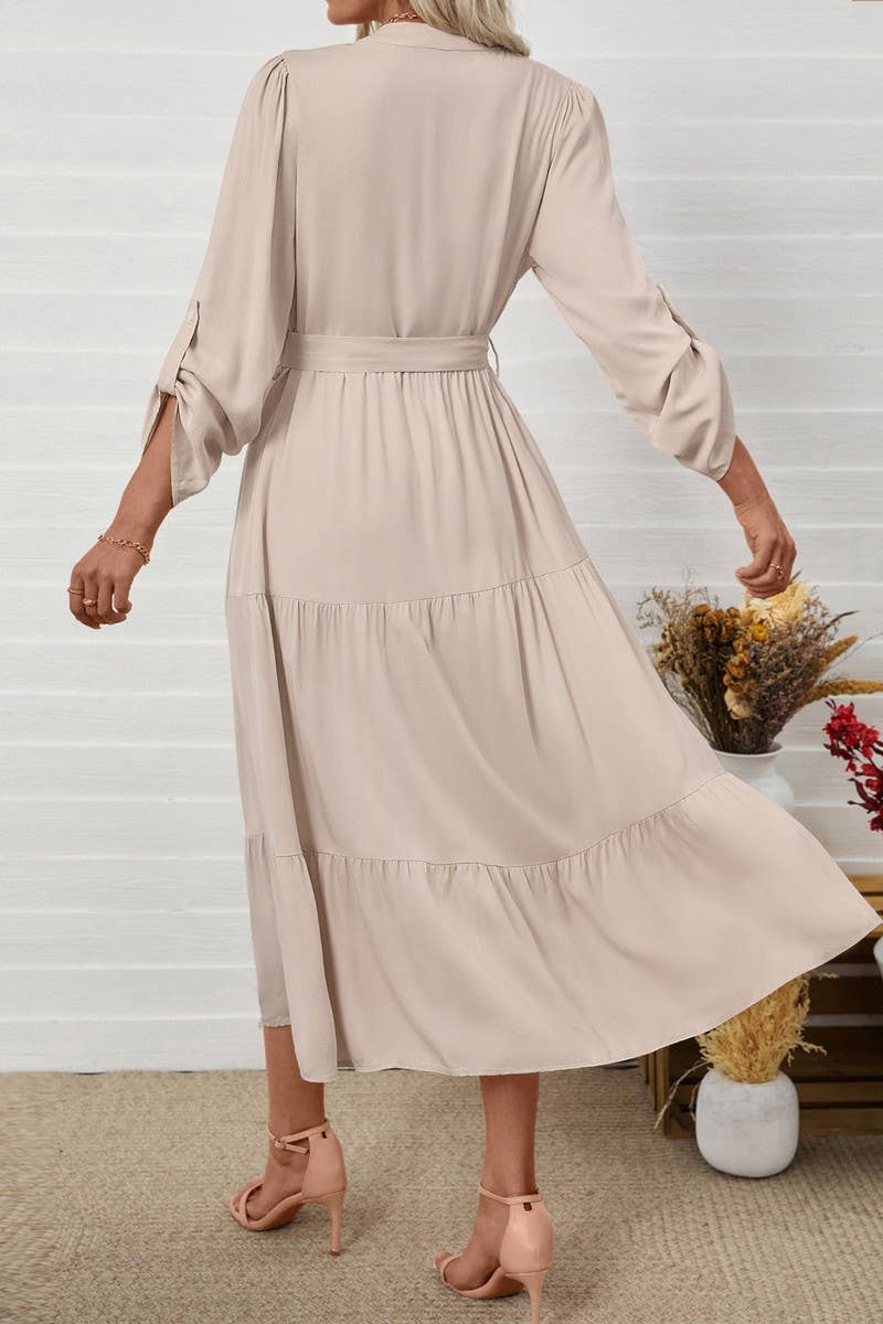 CWDMD6288_SOLID BELTED STAND COLLAR LONG SLEEVE DRESS