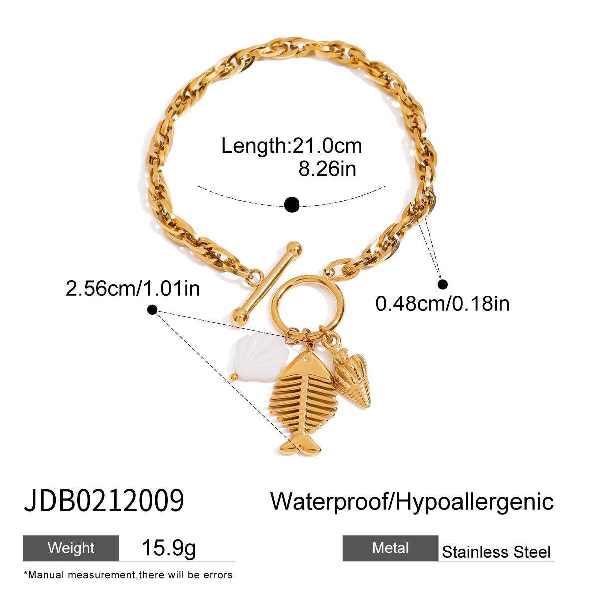 Fishbone Shell Charm Bracelet, 18K Gold Steel