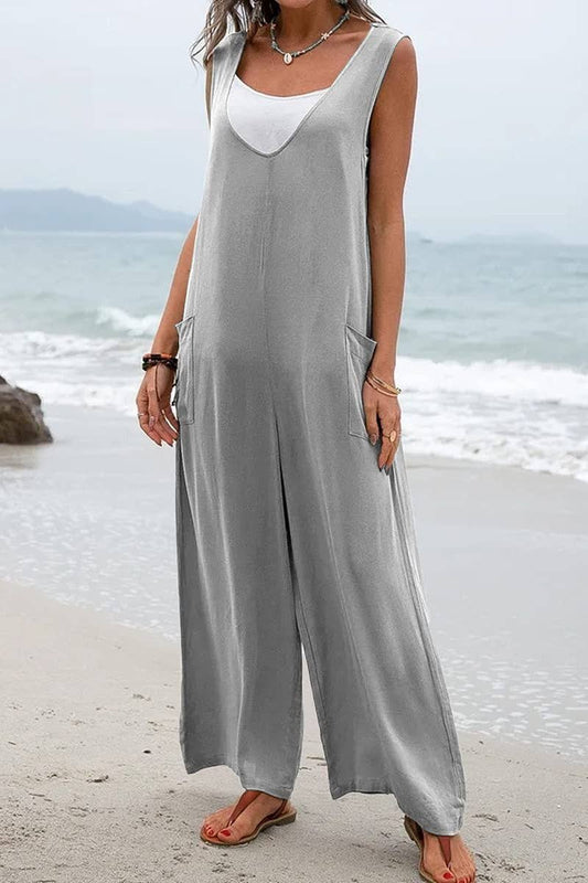 CWSJS1433_SOLID COLOR LOOSE POCKET SLEEVELESS JUMPSUIT
