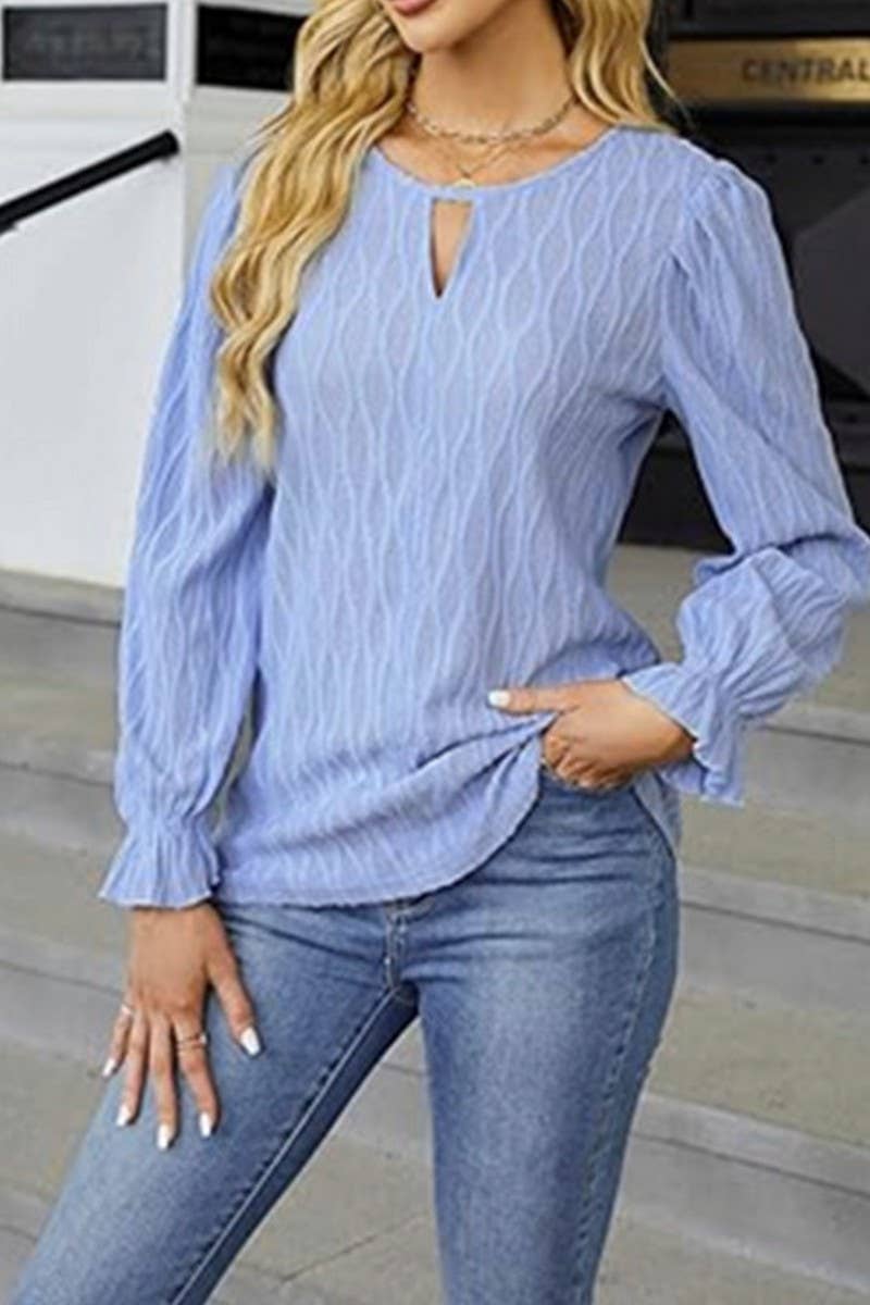 CWTBLL3615_SOLID COLOR JACQUARD ROUND NECK LONG SLEEVE TOP