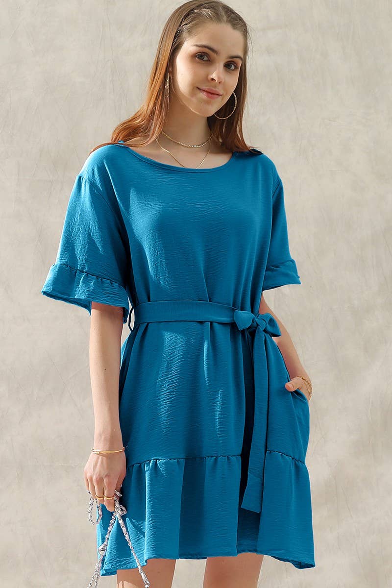 CWDSD10405_WAIST BOW TIE MIDI RUFFLE SHORT MIDI DRESS