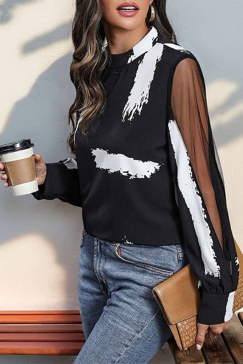 CWTTL1969_LACE STITCHING STAND COLLAR ELEGANT COMMUTER SHIRT