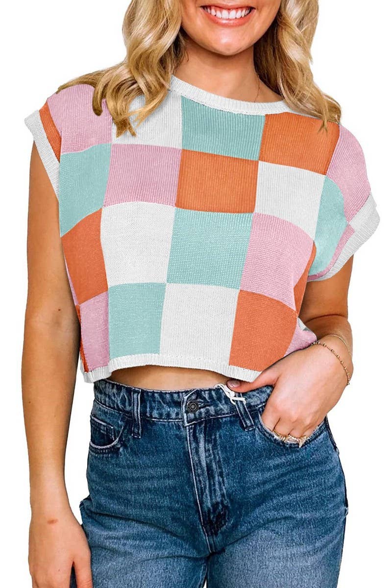 CWOSWS0123_ROUND NECK NAVEL BLOCK CHECKERED KNIT TOP