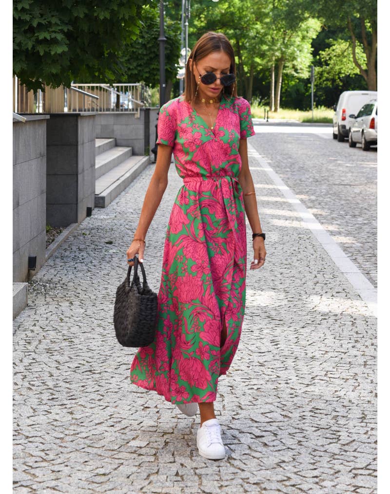 Abstract print V-neck lace-up long slit dress
