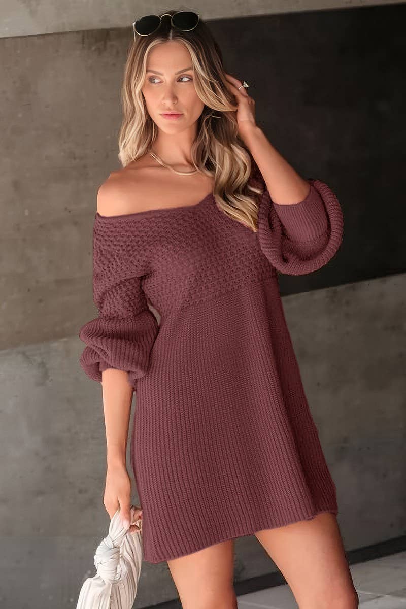 CWDSD10582_V NECK PUFF SLEEVE SOLID KNIT SWEATER DRESS