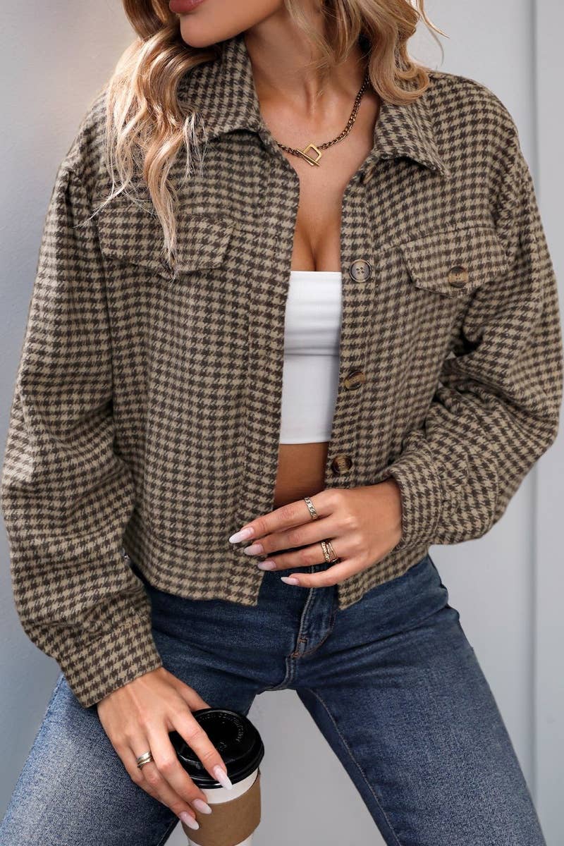 CWOJA1536_VINTAGE PLAID LONG-SLEEVED LAPEL TOP SHORT