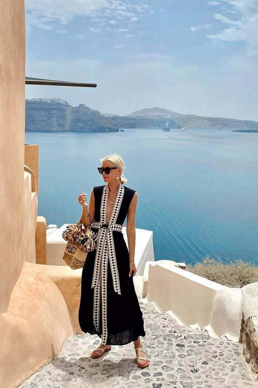 CWDMD6481_COLORBLOCK DEEP V TIE WAIST BEACH COVER UP