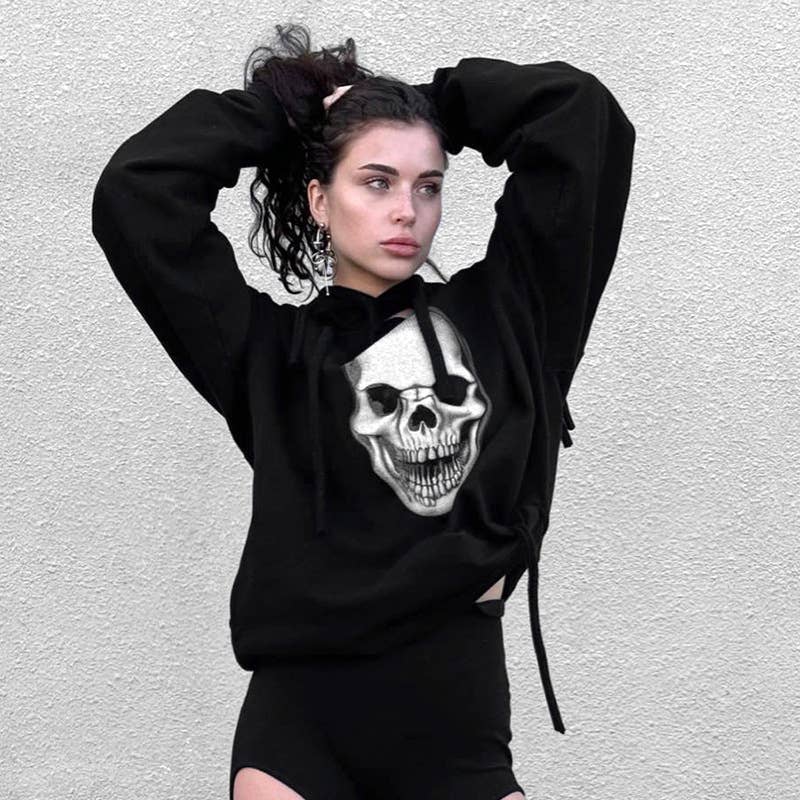 CONTRAST COLOR LOOSE CASUAL SKULL PRINT HOODIE