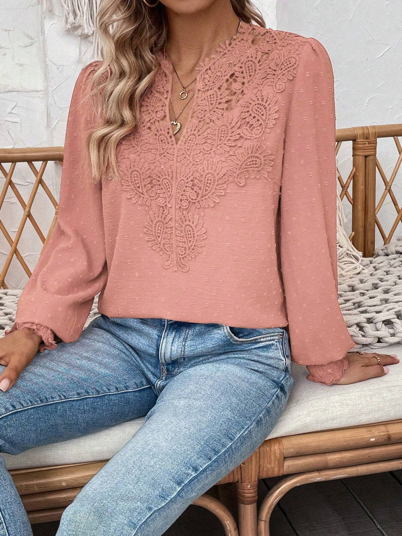 Fashion V-neck lace long sleeve casual T-shirt
