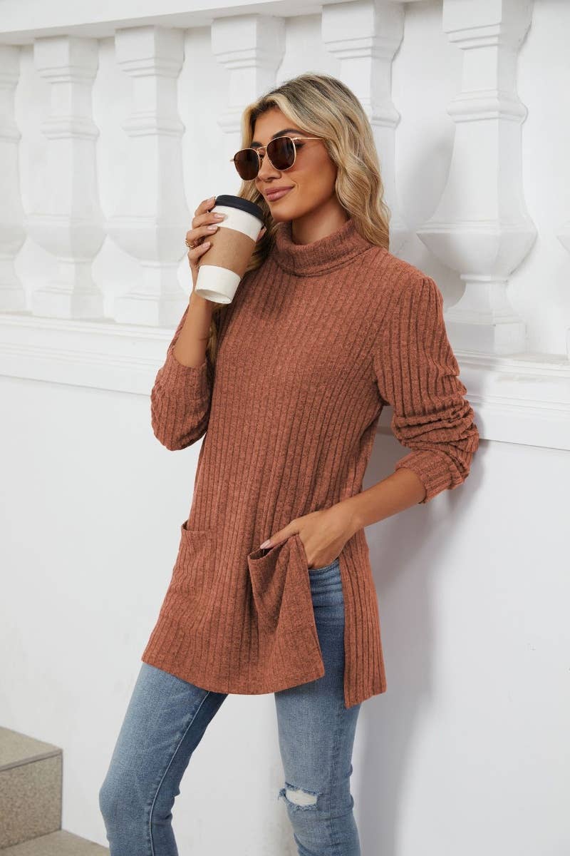 CWOSWL6563_TURTLENECK LONG SLEEVE POCKET SLIT SWEATER LONG