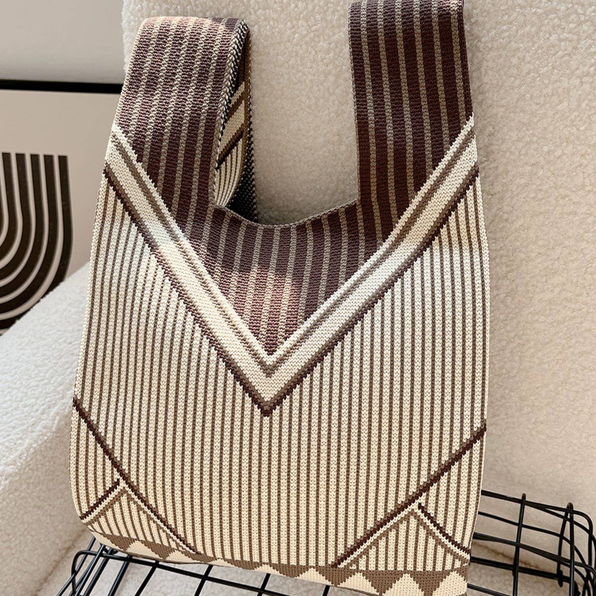 CUAB00621_TEXTURED KNIT TOTE BAG WOMEN¡¯S STRIPED HANDBAG