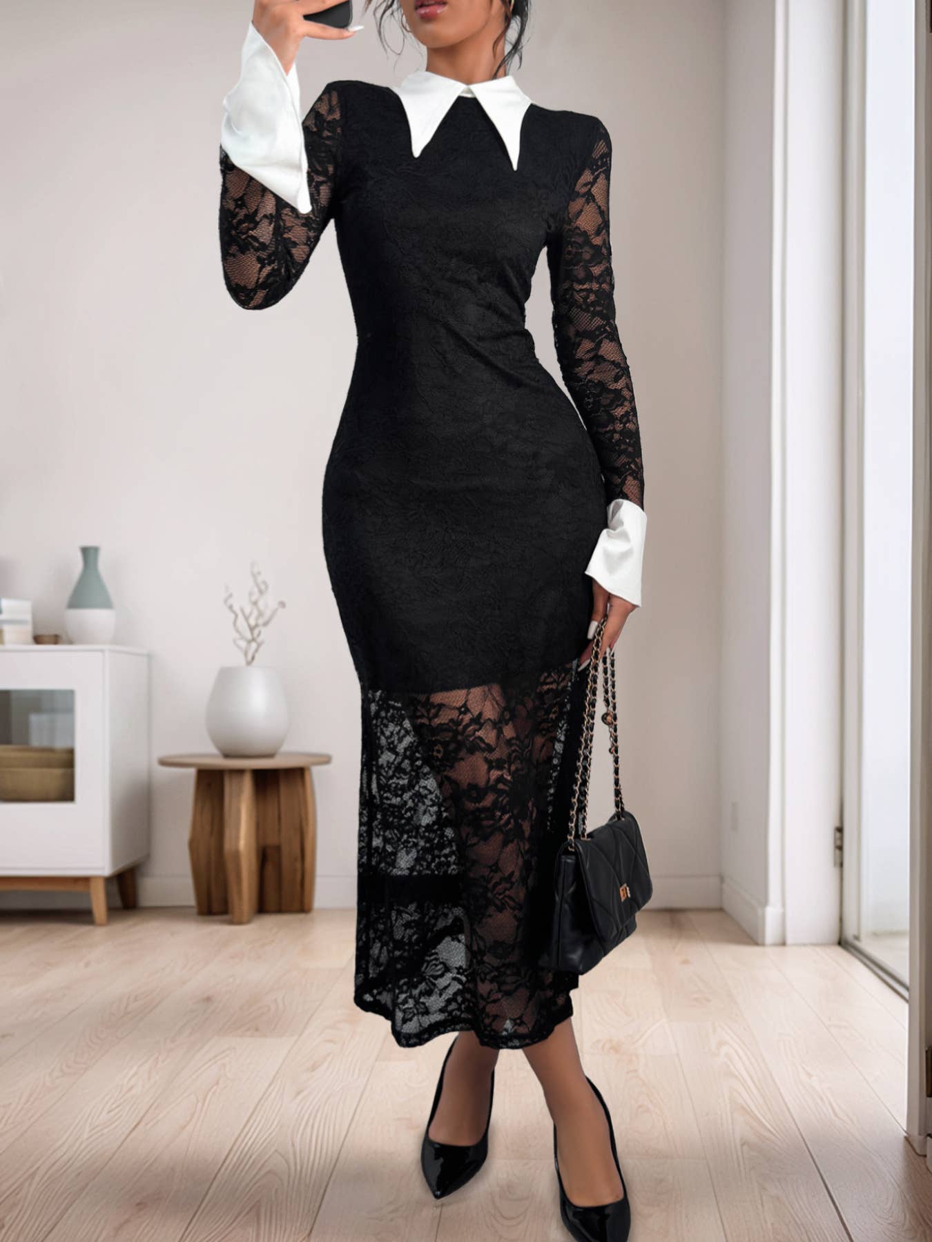 CONTRASTING COLORS ELEGANT LACE PATCHWORK DRESS