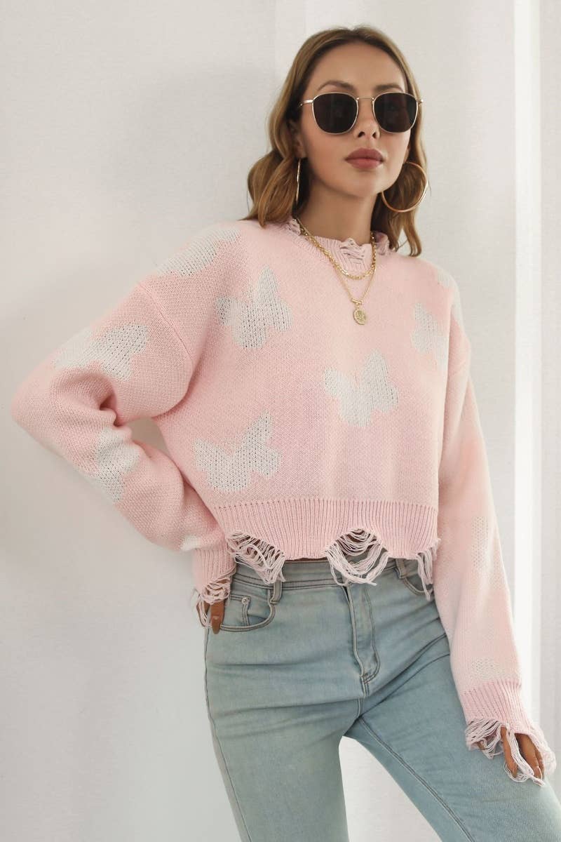CWOSWL6376_RIPPED BUTTERFLY JACQUARD LONG-SLEEVED SWEATER