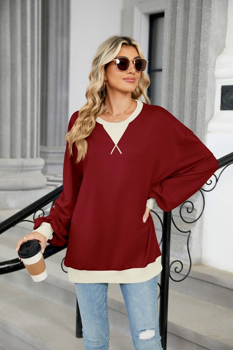 CWTBLL3743_AUTUMN AND WINTER CONTRAST COLOR LOOSE SWEATSHIRT