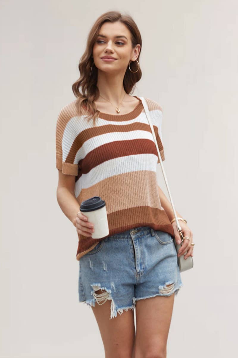 CWTBLS0761_CREW-NECK PATCHWORK STRIPED SHORT-SLEEVED TOP