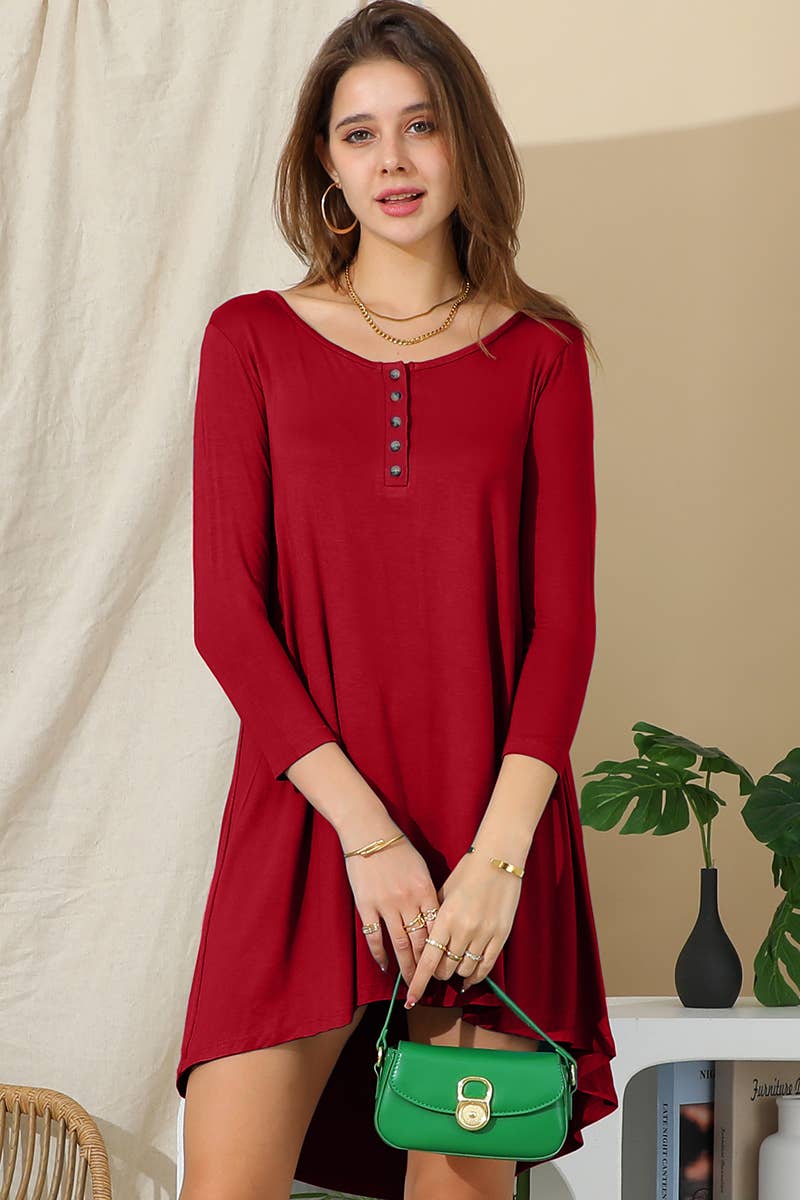 CWDSD10400_LONG SLEEVE BUTTONED NECK CASUAL MIDI DRESS