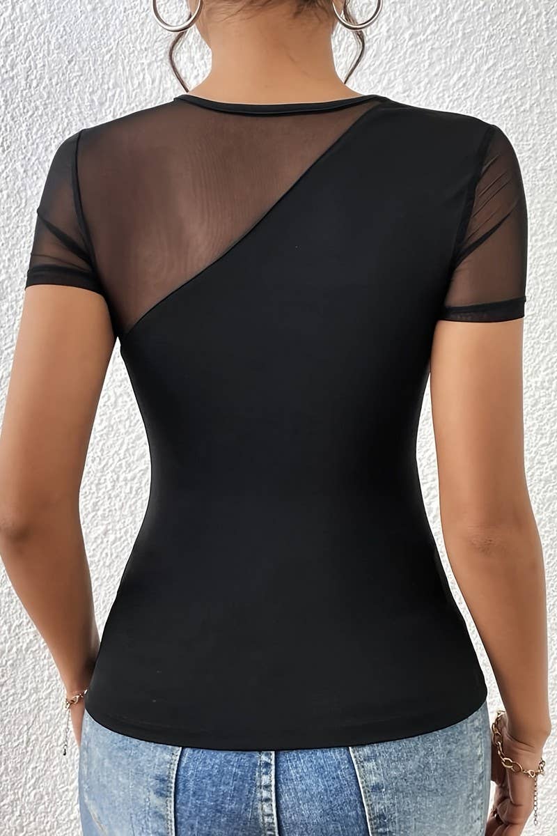 CWTBLS1535_SOLID COLOR SHORT-SLEEVED MESH PATCHWORK TOP