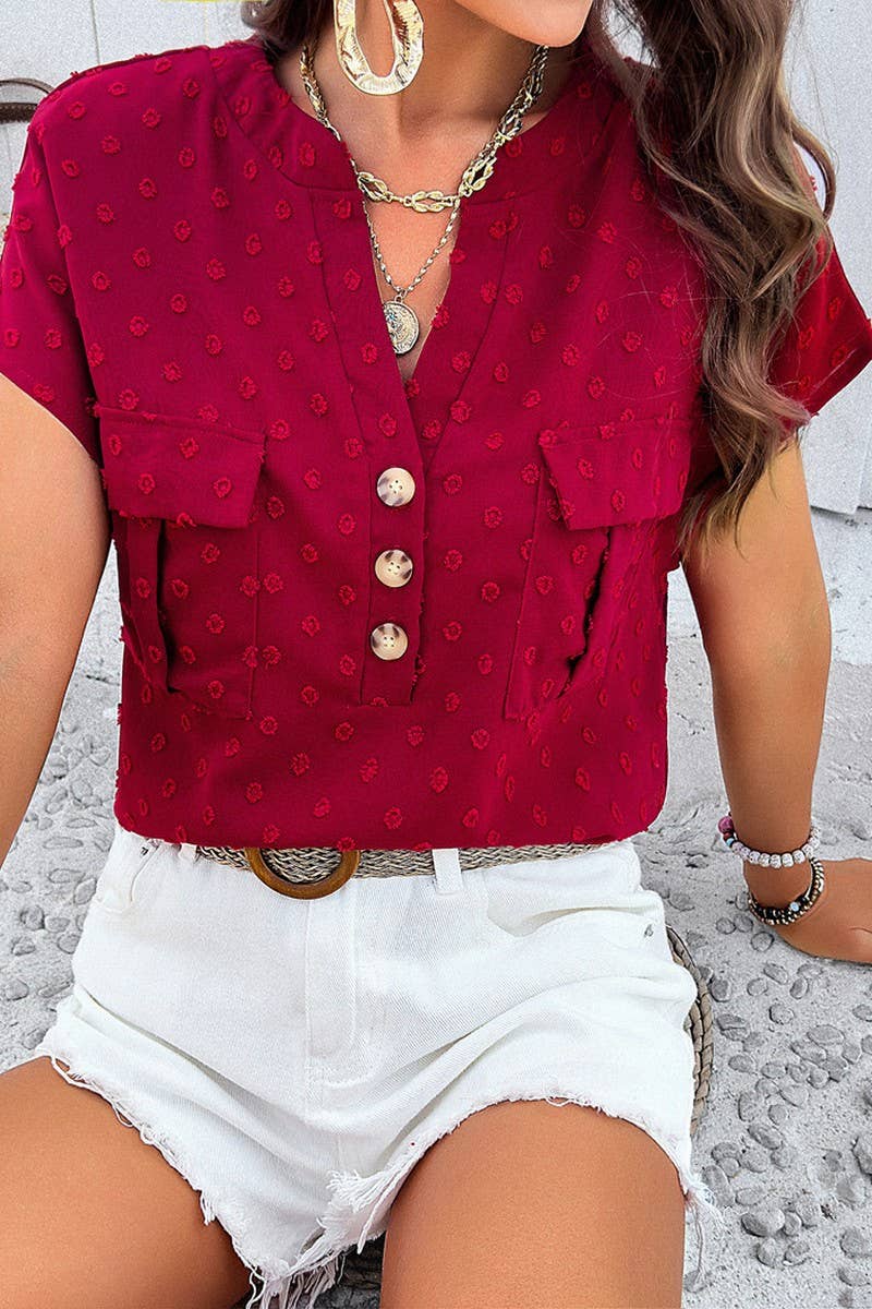 CWTBLS0387_V-Neck Button Detailed Short Sleeve Top