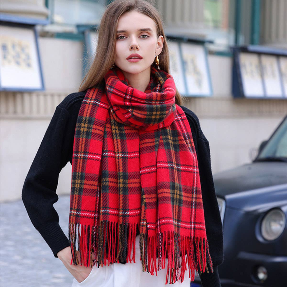 Plaid Winter Scarf for Women ??Soft Tassel Shawl_CWASC0224