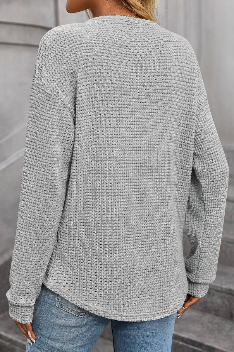 CWTBLL1821_WAFFLE SOLID COLOR ROUND NECK POCKET LOOSE TOP
