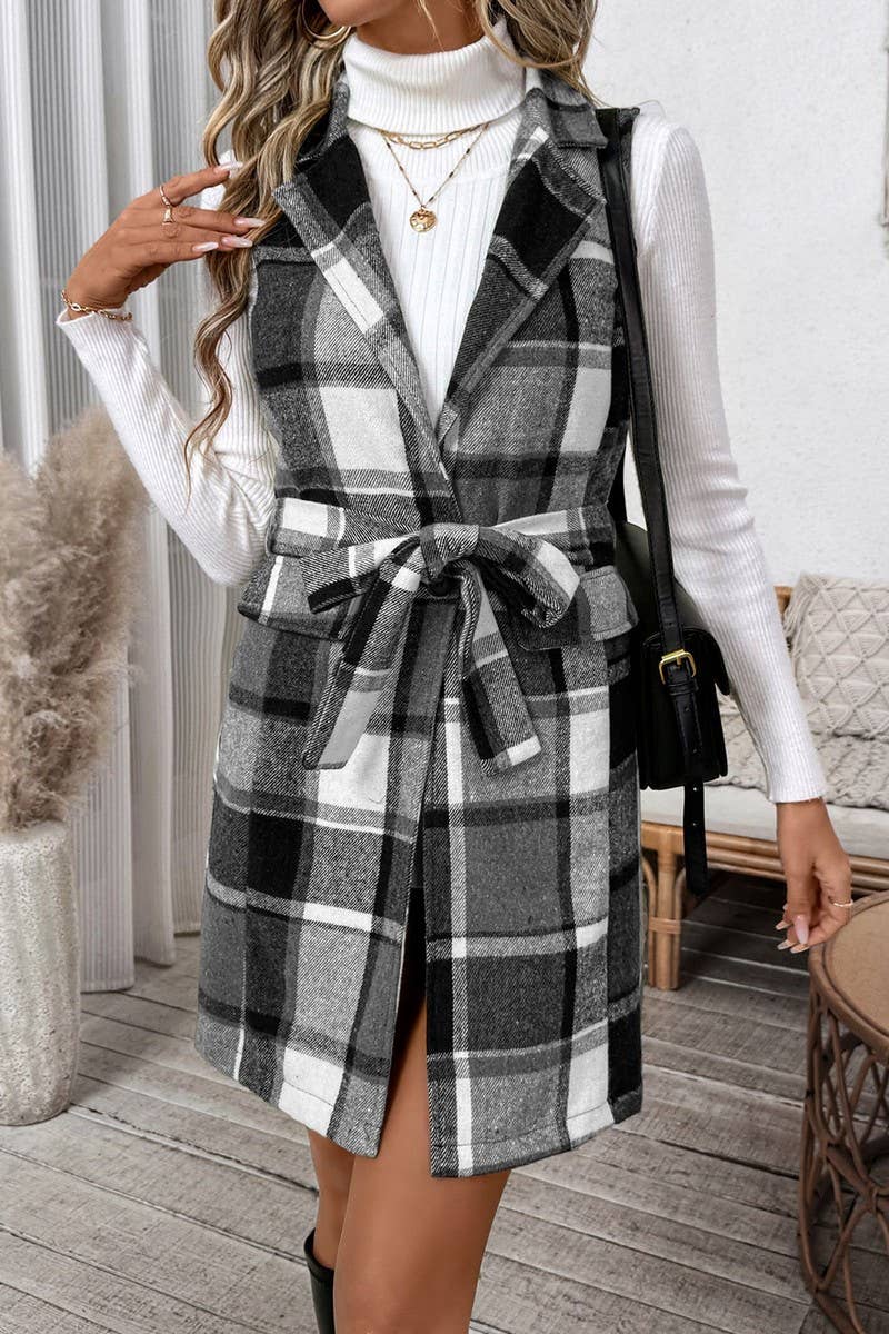 CWOV0570_PLAID TIE WAIST SUIT COLLAR SLEEVELESS LONG VEST