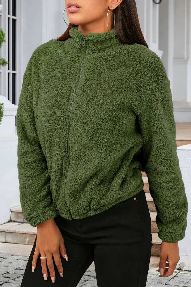 CWOCO00207_PLUSH CASUAL LOOSE ZIP-UP LONG-SLEEVED JACKET