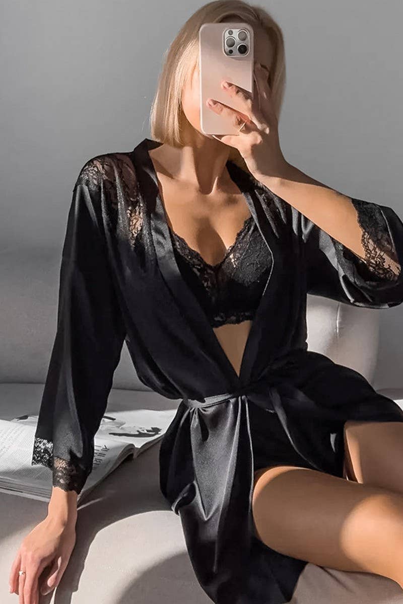 CWSPJ0401_SATIN LACE CARDIGAN TIE LONG SLEEVE NIGHTGOWN