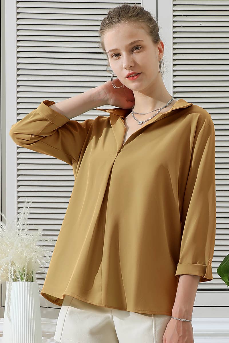 CWTSTS121_V-Neck Long Sleeve Collared Shirts