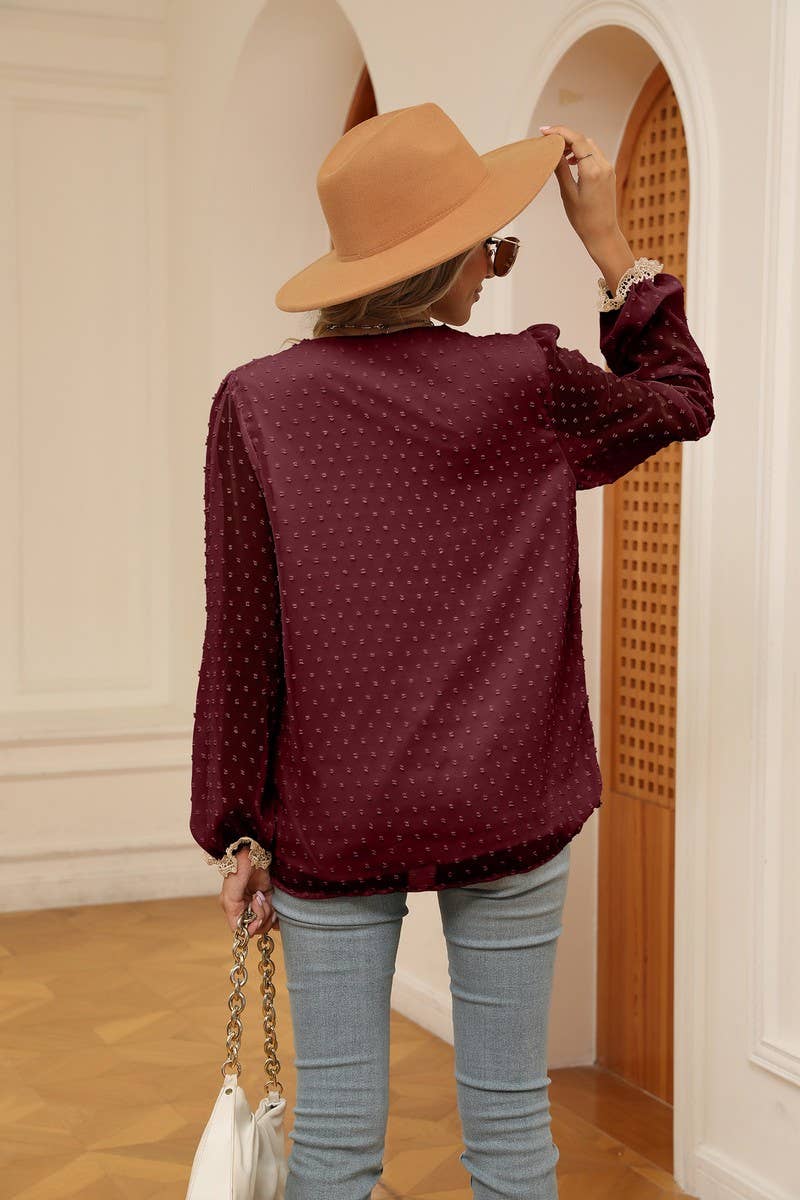 CWTBLL2386_JACQUARD V-NECK LONG-SLEEVED CHIFFON SHIRT TOP