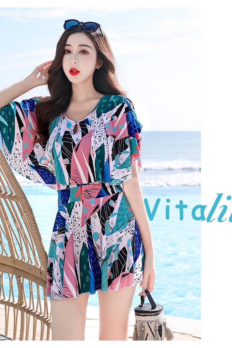 CWMW0864_PRINTED SHORT-SLEEVED SLIM-FIT SWIMSUIT DRESS