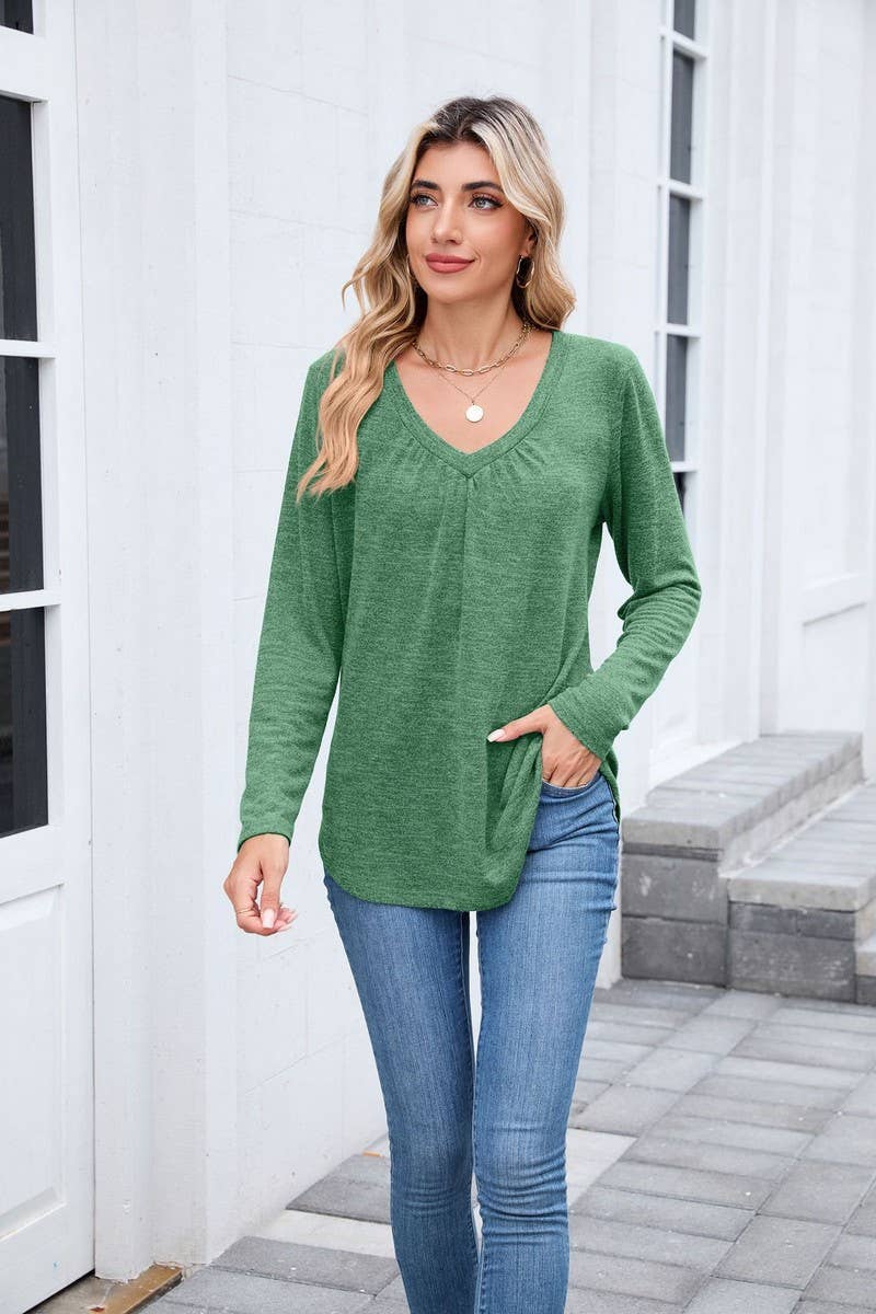 CWTBLL01303_V NECK RUCHED LONG SLEEVE CASUAL LOOSE TEE