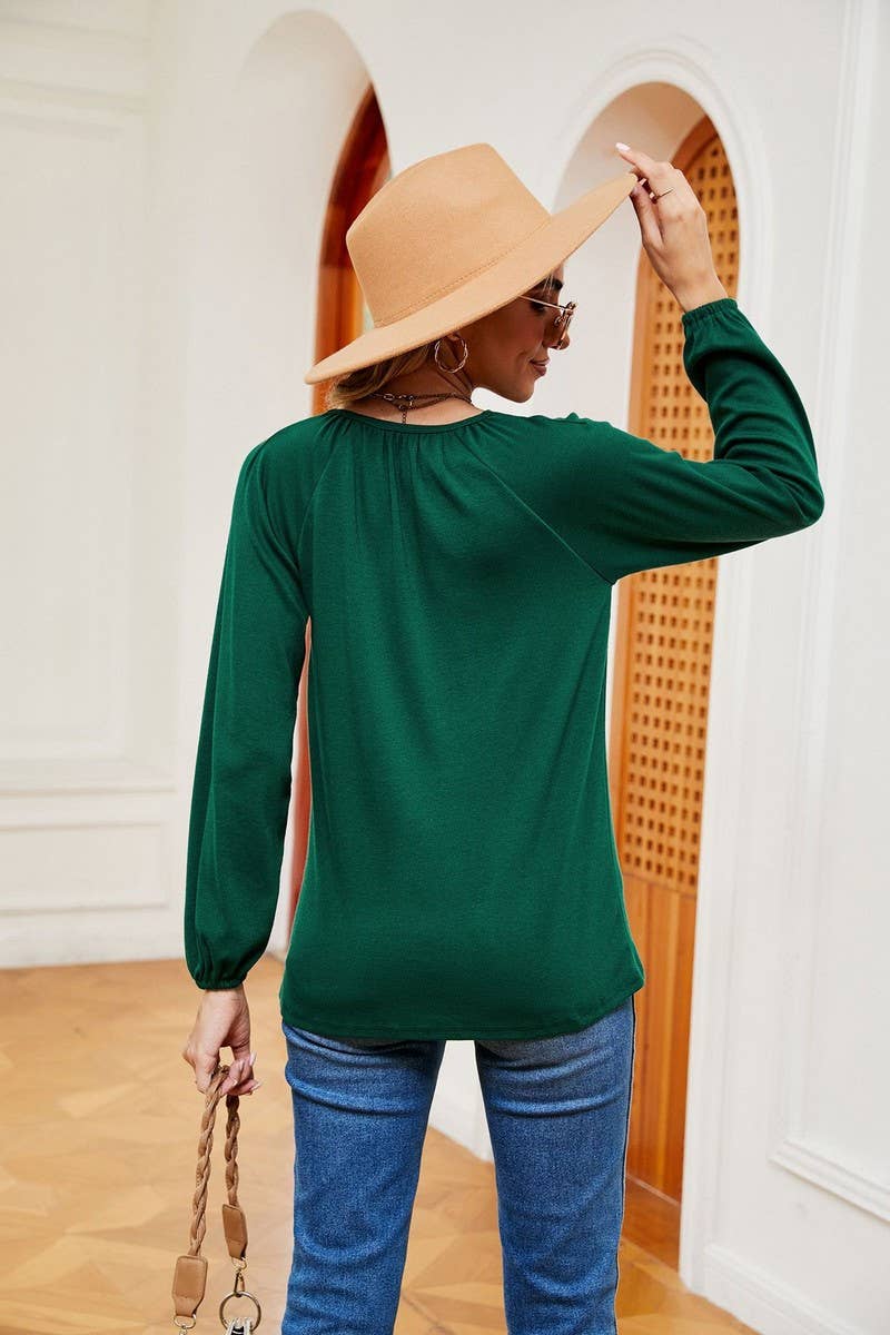 CWTBLL2370_LONG SLEEVE V NECK PLEATED LOOSE PULLOVER