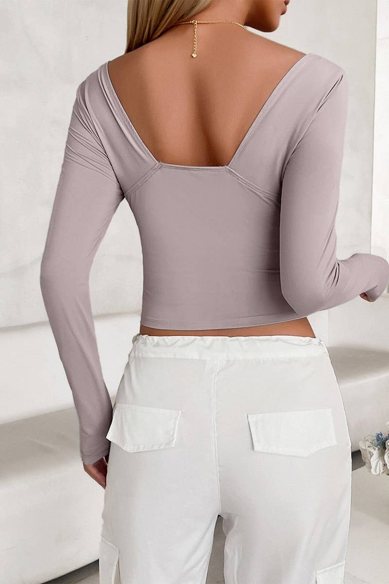 CWTTL2002_SPRING AND AUTUMN V-NECK SLIM-FIT LONG-SLEEVED TOP