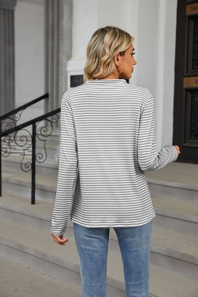 CWTBLL2356_V-NECK BUTTON-DOWN STRIPED CASUAL T-SHIRT TOP