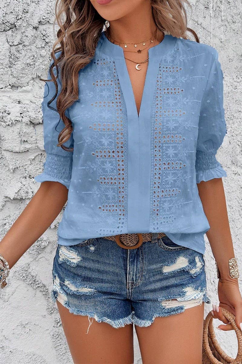 CWTTS1388_V-NECK PUFF SLEEVES HOLLOW POMPOM LACE T-SHIRT