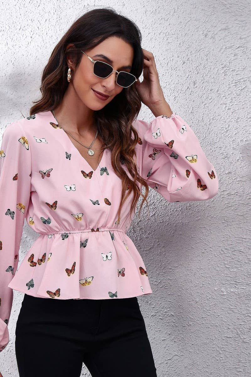 CWTBLL3749_V-NECK BUTTERFLY LANTERN SLEEVE WAIST TOP