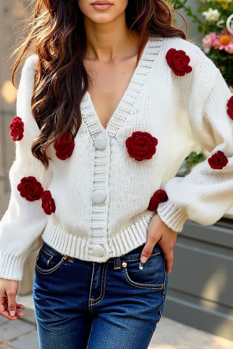 CWOCAL2357_3D FLORAL KNIT V-NECK BUTTON CARDIGAN
