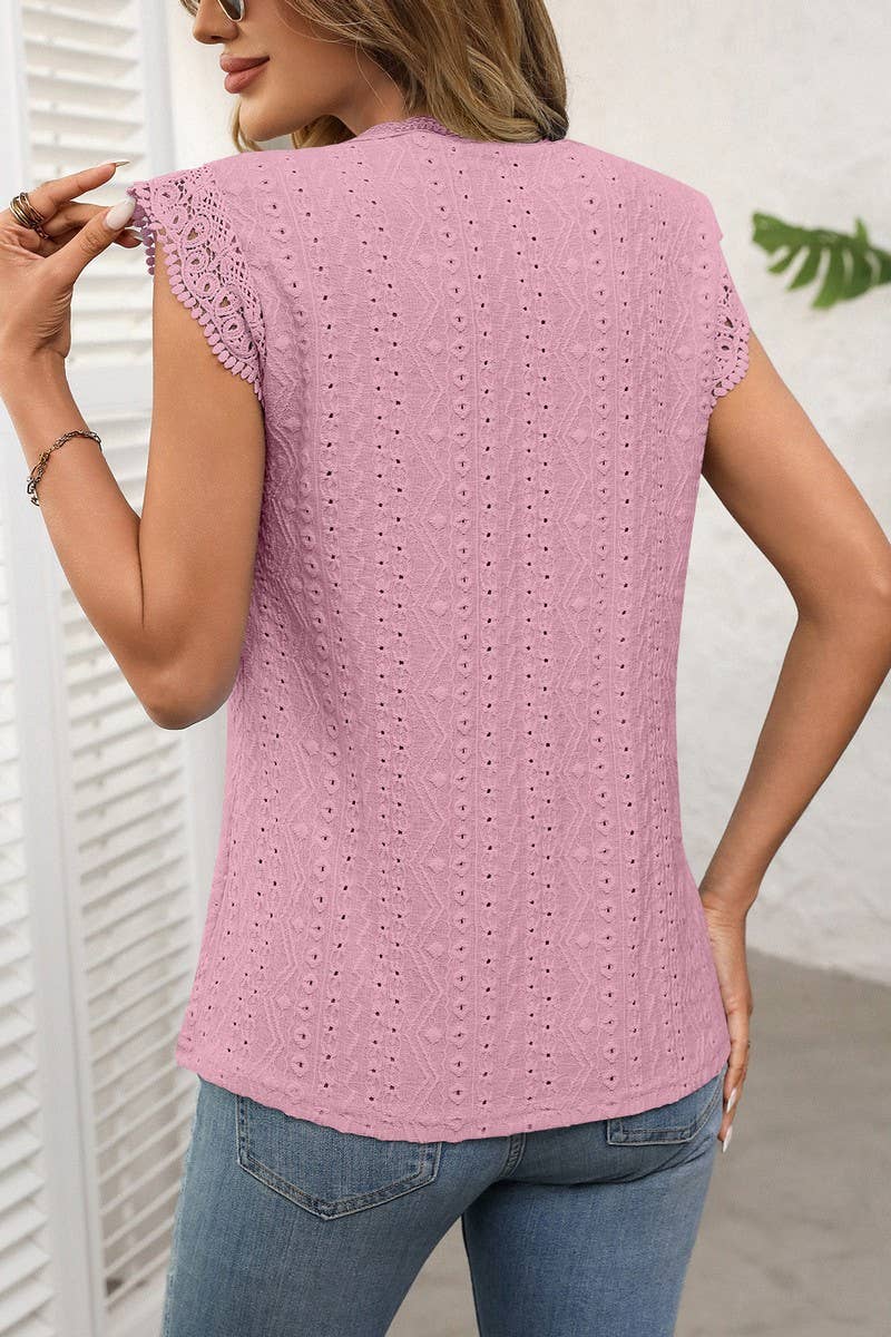 CWTBLS1619_SOLID COLOR ROUND NECK LACE STITCHING HOLLOW TOP