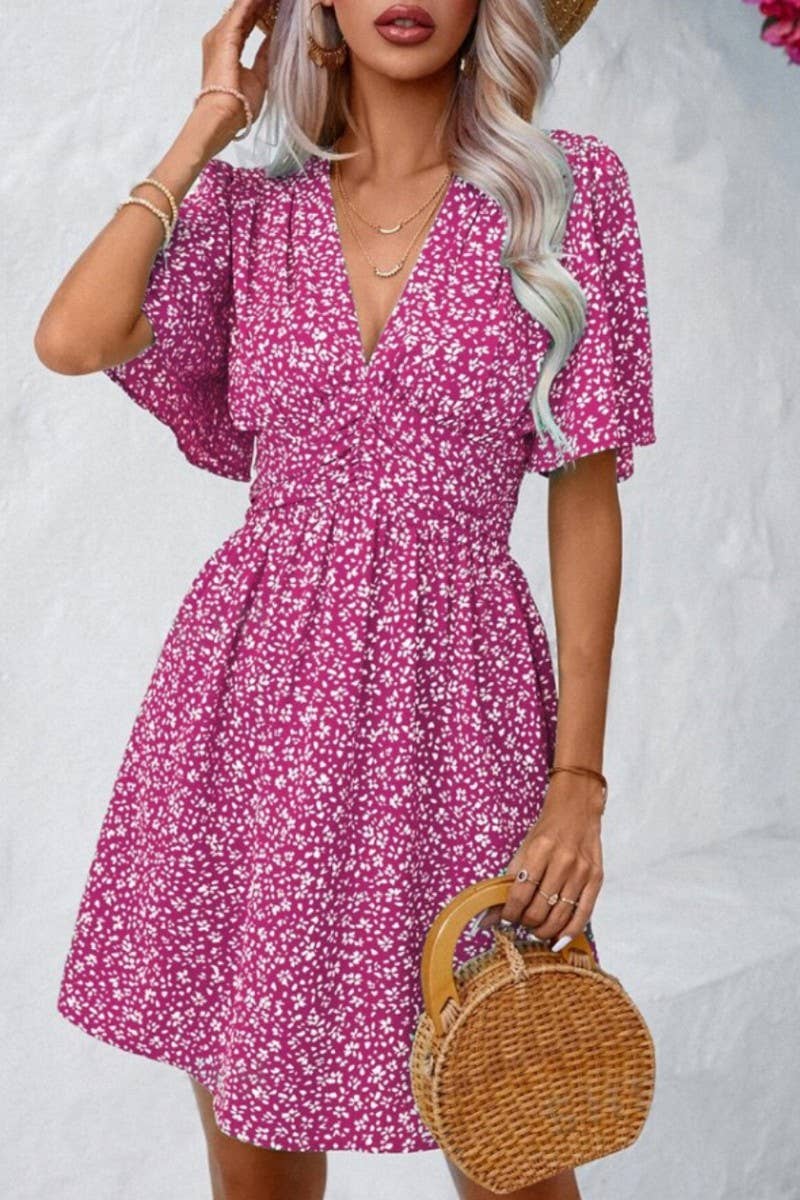 CWDSD8398_DEEP V RUFFLE SLEEVE FLORAL RUCHED VACATION DRESS