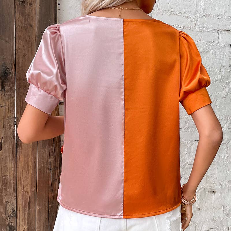 COLOR CONTRAST PATCHWORK FRENCH STYLE SHIRT