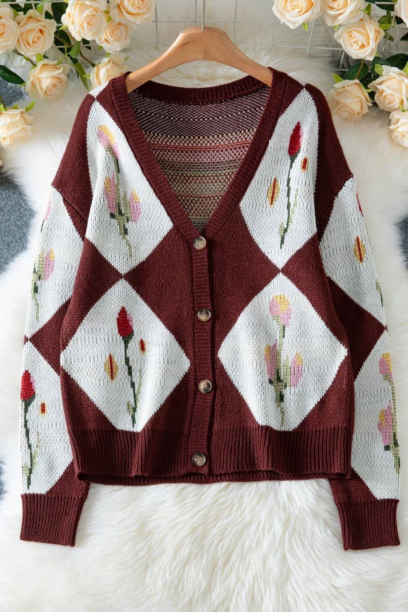 CWOCAL00568_CONTRASTING FLORAL JACQUARD-KNIT SWEATER COAT