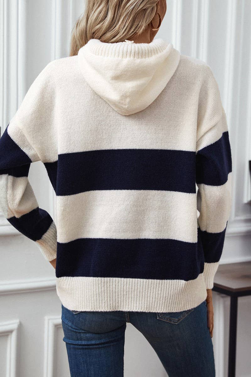 CWOSWL2870_HOODED CONTRAST LOOSE-FITTING KNIT SWEATER