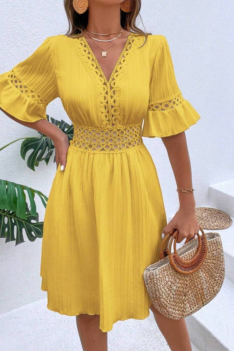 CWDSD4851_SUMMER LACE PATCHWORK V-NECK WAIST DRESS SHORT