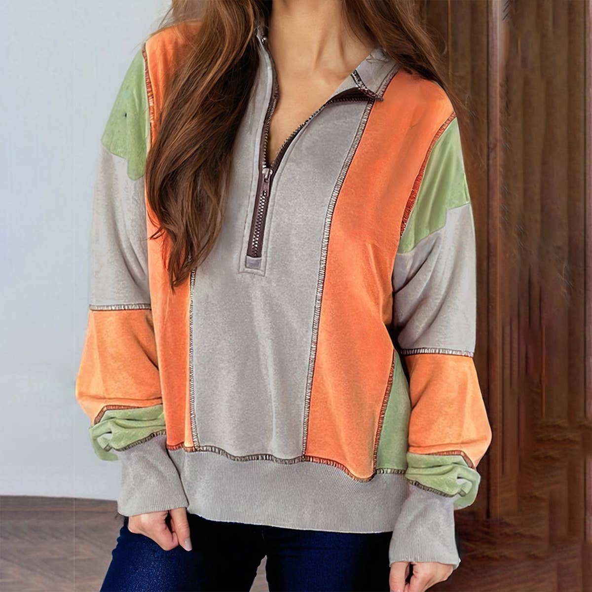 COLOR CONTRAST PATCHWORK HALF ZIP HOODIE WOMAN