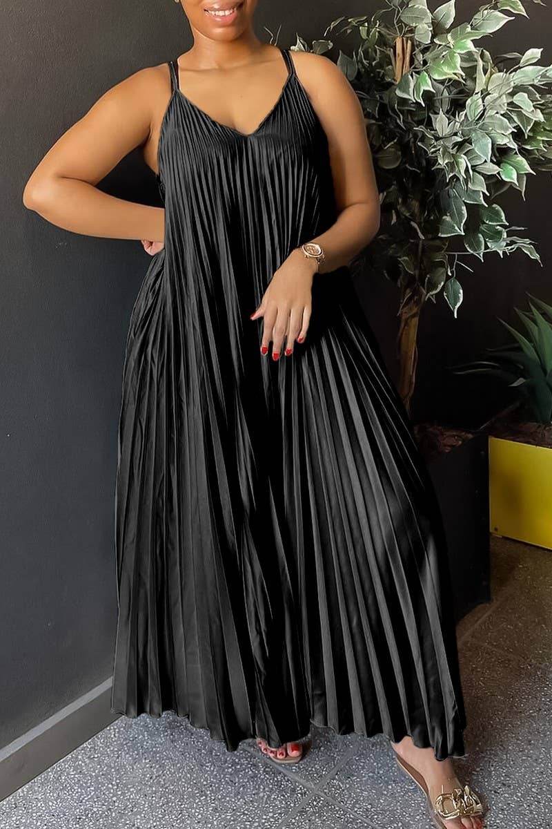CWDMD1722_PLUS SIZE SLING PLEATED LONG DRESS