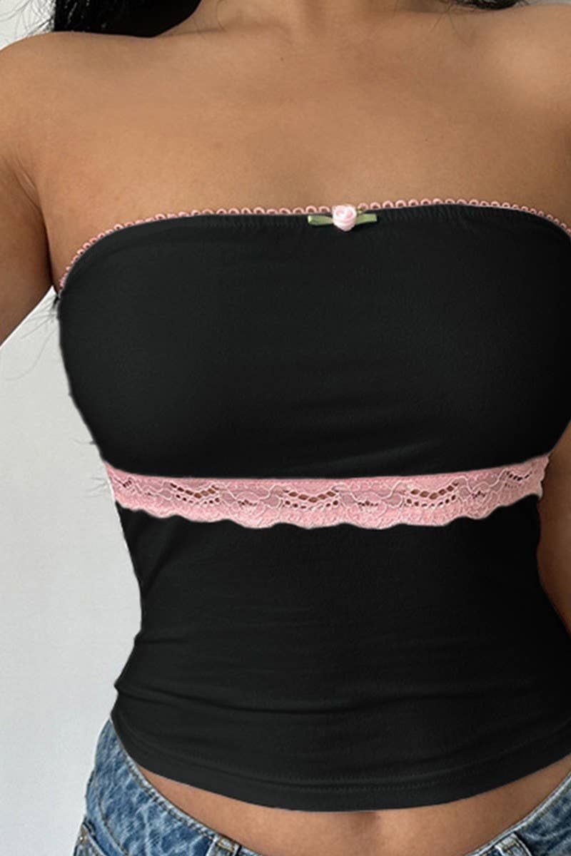 CWTTT0036_CONTRAST LACE PATCHWORK FITTED TUBE TOP