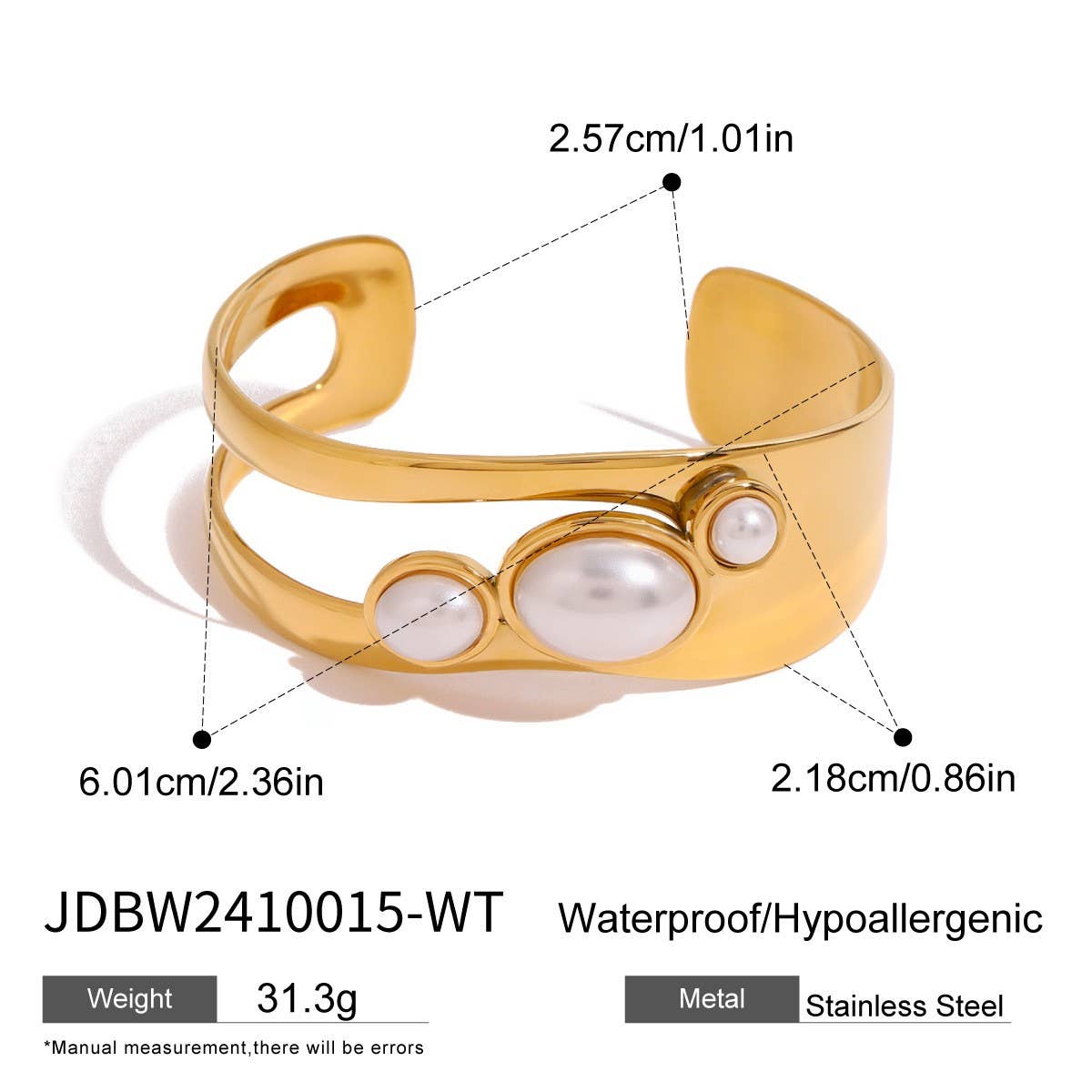 Hollow Pearl & Stone Open Cuff in Stainless Steel