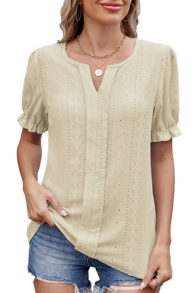 CWTBLS1727_SOLID COLOR V-NECK LOOSE PUFF SLEEVE JACQUARD TOP