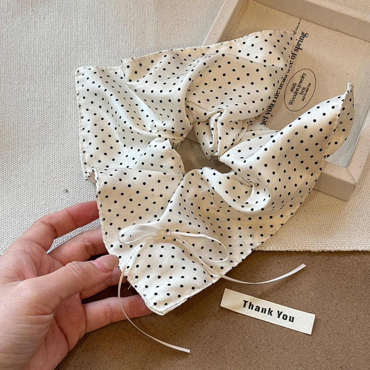 Polka Dot Bow Scrunchie with Ballet Ribbon Tails_CWAHA5515