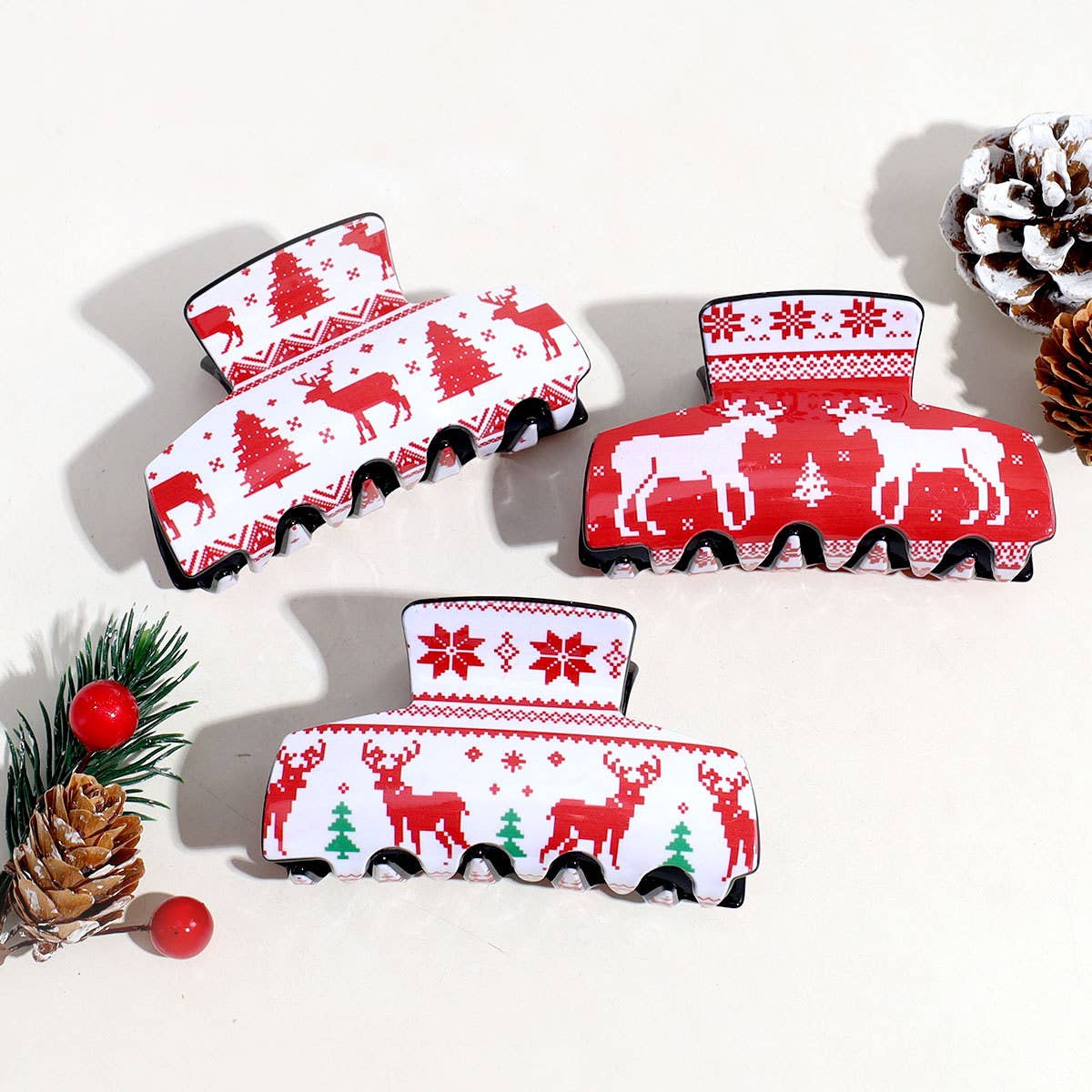 Red Christmas Reindeer Snowflake Hair Clip_CWAHA2327